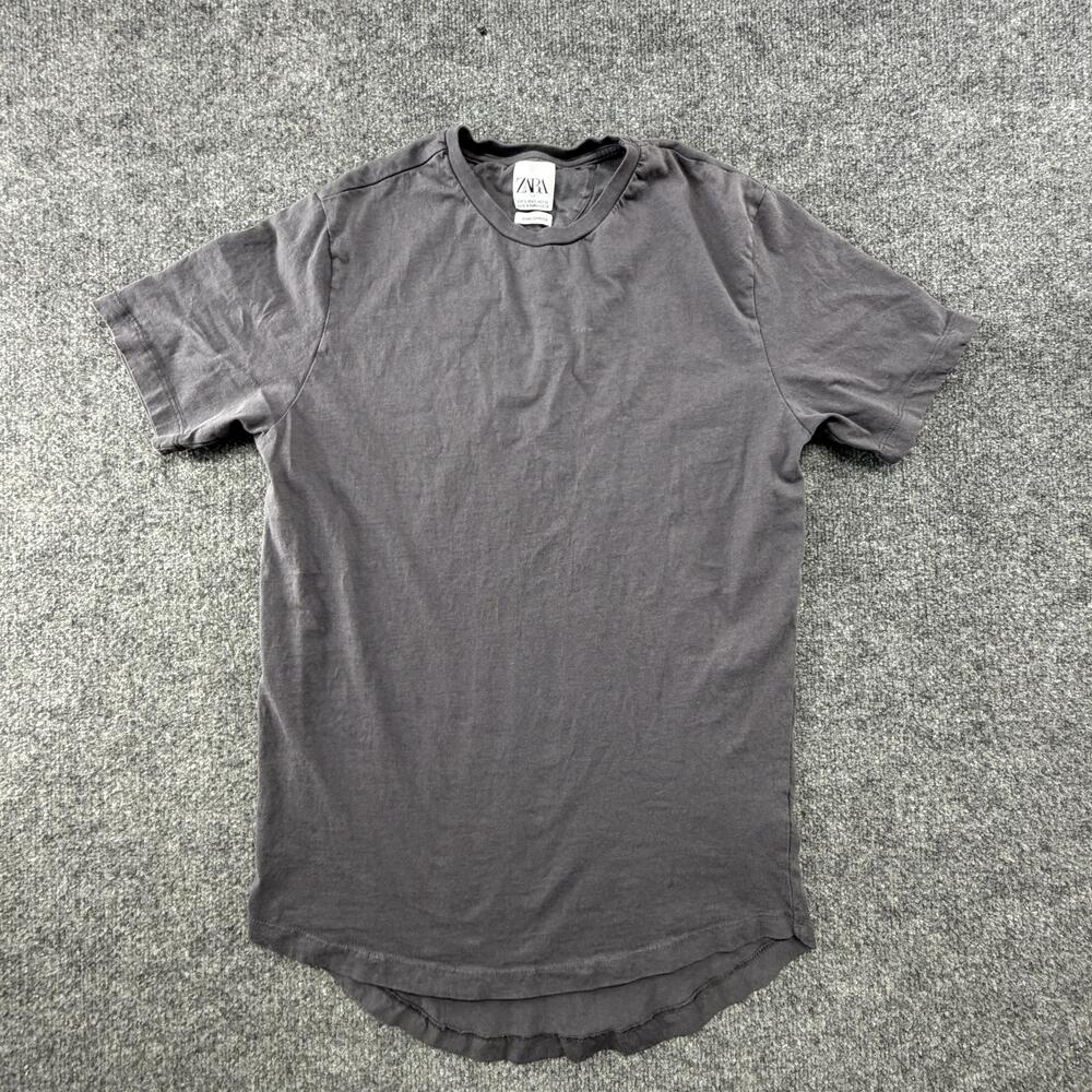 Zara Shirt Curved Hem Women's Large Gray Long Length 100% Cotton Crew Tee Basic